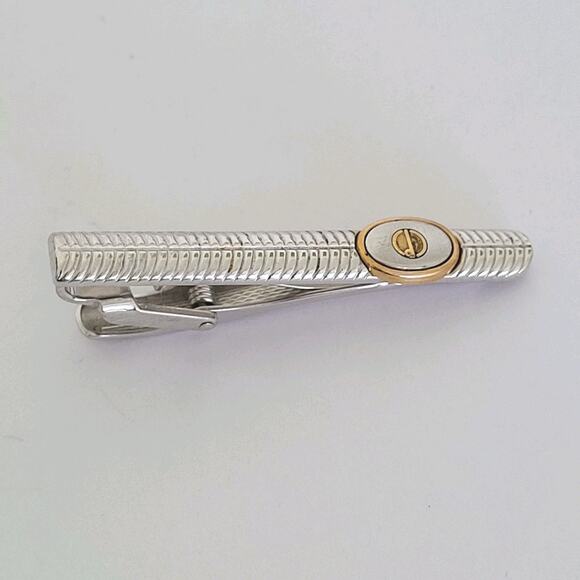 Dunhill Vintage Two Tone Tie Clasp Clip Bar Silver Gold Retro Geometric D Logo - Picture 1 of 8